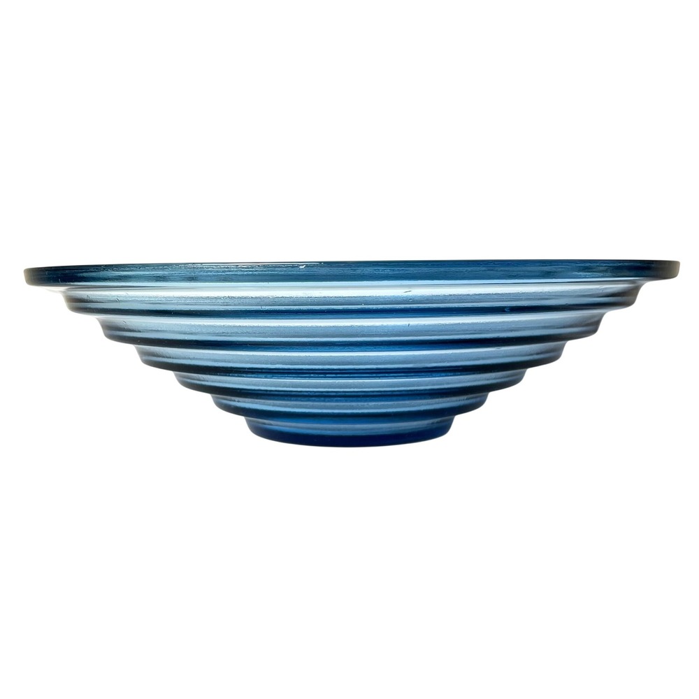 Mid Century Modern Blue Pressed Glass Ripple Lens Centerpiece Bowl Heavy MCM
